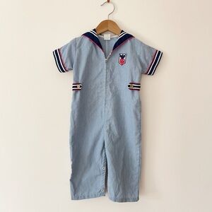 VINTAGE VGUC Boys Micro Pinstripe Blue Nautical Sailor-Style Romper